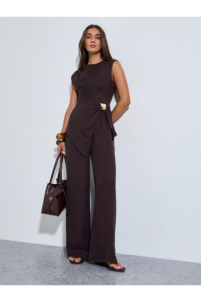 Styli Brown Textured Sleeveless Blouse and Wide Leg Trousers Co-Ord Set