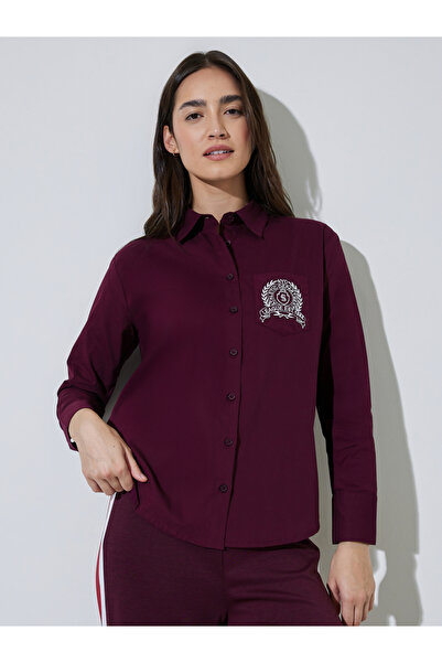 Styli Burgundy Solid Embroidered Chest Pocket Relaxed Fit Shirt