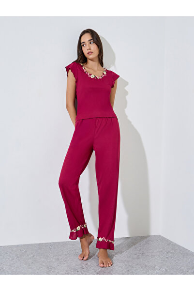 Styli Burgundy Floral Trim Cap Sleeve Top and Pyjama Set