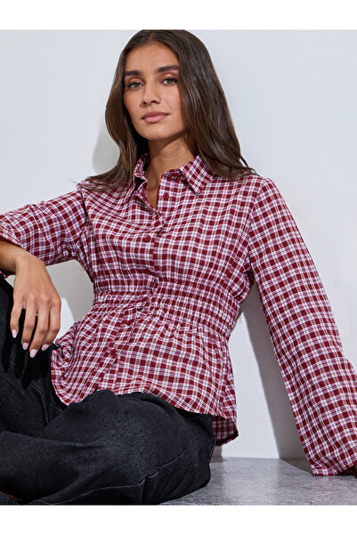 Styli Maroon Checked Waist Long Sleeves Shirred Shirt