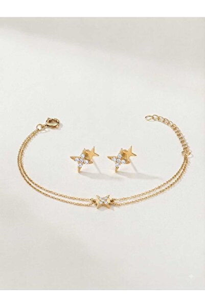 Papatya Silver 925 Ayar Gümüş Minimalist Kutup Yıldızı Kolye Küpe Bileklik Set.rose.gold.rodaj Renk Seçeneği
