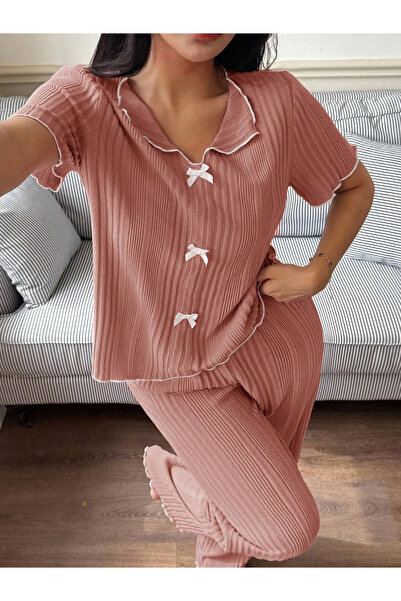 Take Two By Styli Dark Pink Contrast Trims Bow Details Shirt and Pants Pyjama...