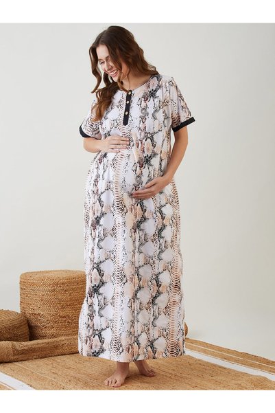 The Kaftan Company By Styli White Snake Print Cotton Maternity Nightdress