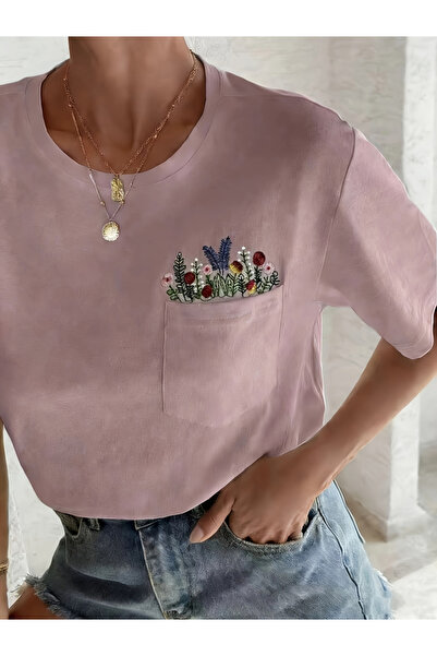 Take Two By Styli Plus Size Floral Embroidery Pocket T-Shirt