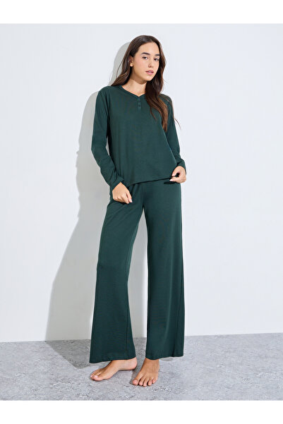 Styli Cotton V Neck Button Front T-Shirt and Pyjama Set