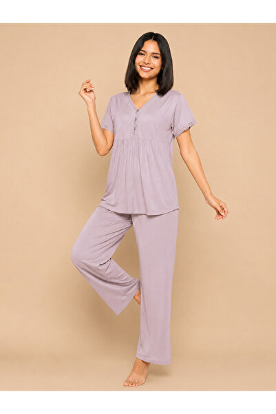 Clovia By Styli Purple Lace Details V-Neck Peplum Top and Pants Pyjama Set
