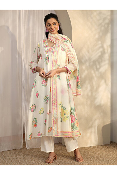 Libas By Styli White Printed Kota A-Line Kurta, Trousers and Dupatta Set