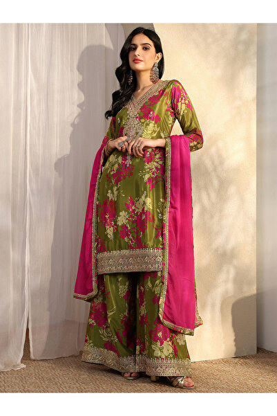 Libas By Styli Green Printed Chinon Straight Kurta, Palazzo And Dupatta Set