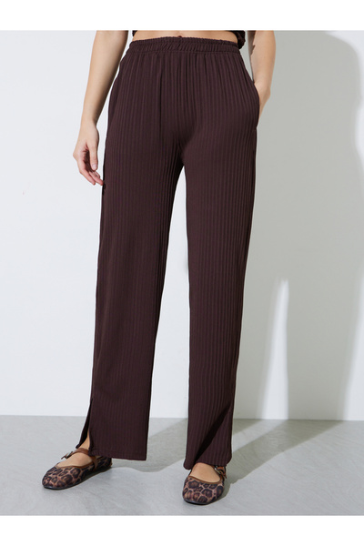 Styli Brown Textured Knit Straight Leg Side Slit Pants