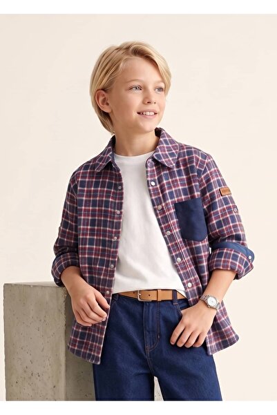 Ozmoz By Mukadder Özden Cotton Navy Blue Plaid Winter Boys' Sports Shirt