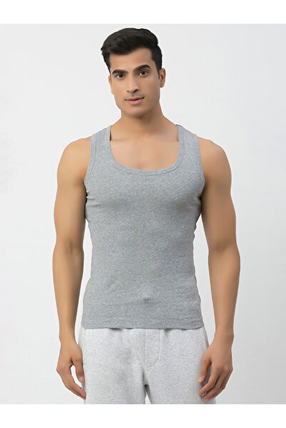 John Player By Styli Grey Solid Ribbed Cotton Vest