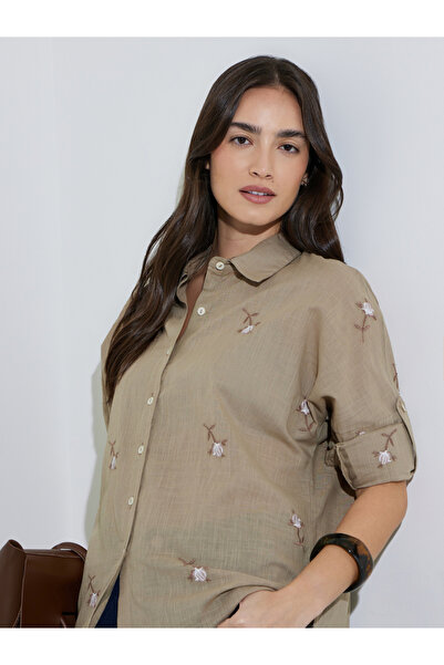 Styli Beige Floral Embroidery Long Sleeves Shirt