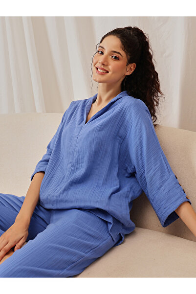 Clovia By Styli Navy Blue Textured Button Details Top and Pants Pyjama Set