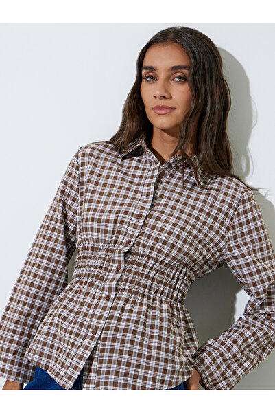 Styli Brown Checked Waist Long Sleeves Shirred Shirt