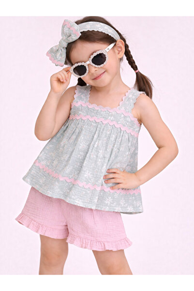 Victor and Jane By Styli 4-Piece Girls Sleeveless Cotton Top, Shorts, Headban...