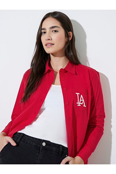 Styli Red Solid Embroidered Chest Pocket Relaxed Fit Shirt