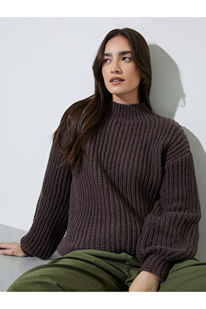 Styli Coffee Brown High Neck Chunky Knit Sweater