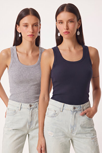 Lovelyİstanbul 2-Piece Ribbed Thick Strap Knitted Undershirt Lhj0002 Gray Dar...