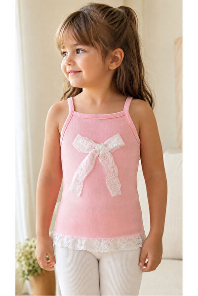 TREND NATURAL Girls' Ribbed Tank Top with Lace Bow for School and Nursery
