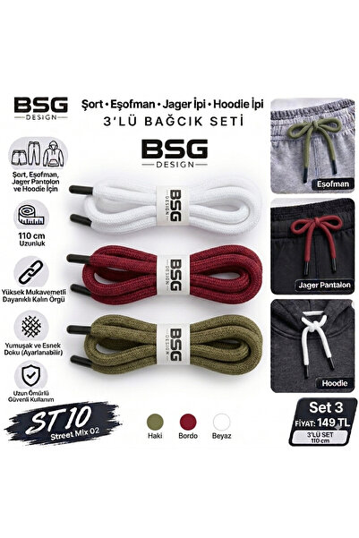 BSG DESIGN 3’lü Bağcık Seti 110 cm – Hoody, Eşofman, Şort ve Jogger Içi Kalın Örgü Yedek Bağcık Seti