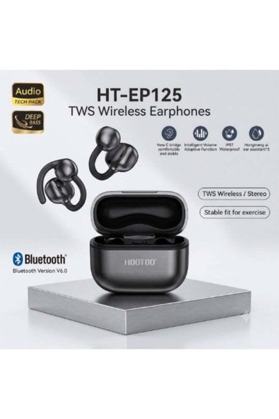 HooToo سماعات أذن لاسلكية رياضية HT-EP125 TWS مزودة بتقنية البلوتوث 5.0، ومقاومة للماء IPX4 وحافظة شحن - أسود