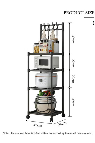 Generic 4 Tier Kitchen Storage Shelf Organizer with Top Hooks, Kitchen Garage Pantry Organization Movable Multifunctional Storage Rack, for Laundry Bathroom