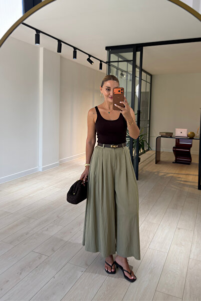 Sezgi Tekin Pleated Belt Detail Khaki Loose Trousers