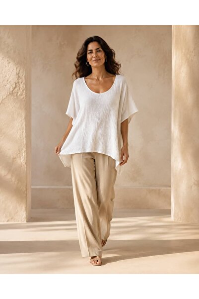 Punta Otantik Nc64133 Italian Collared Half Sleeve Crepe Coton Blouse White