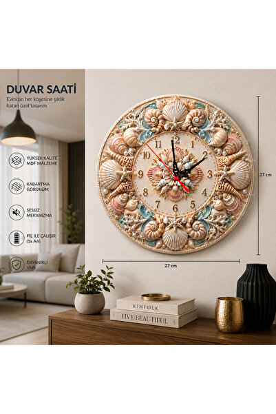 artprinta Deniz Kabuğu Temalı Dekoratif Duvar Saati