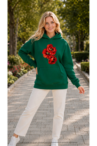 EMMODA Women's Three Red Poppy Printed Hooded Casual Basic Sweatshirt with Ka...