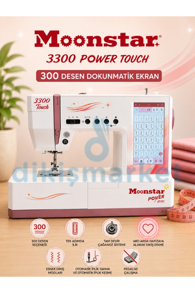 dm dikişmarket Moonstar Ev Tipi Elektronik Düz Dikiş Makinesi 300 Desen Dokunmatik Ekran / Model 3300 Touch Uzatma Tablalı