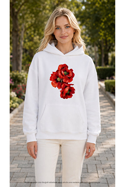 EMMODA Women's Three Red Poppy Printed Hooded Casual Basic Sweatshirt with Ka...
