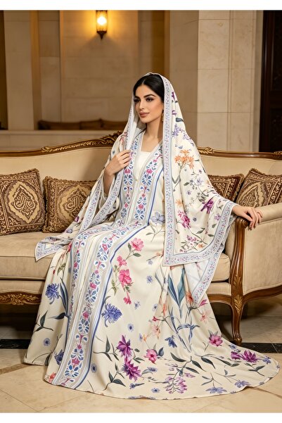 Noon Noora Printed Open Abaya with Hijab