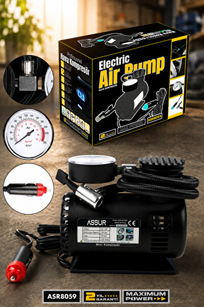 ASSUR 12v Çakmaklık Girişli Ledli 250 psi Mini Hava Kompresörü