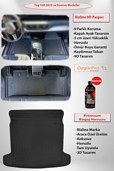 Rizline Premium 9D Tog T10X 2023 veSonrası Havuzlu Paspas ve Premıum Bagaj Ha...
