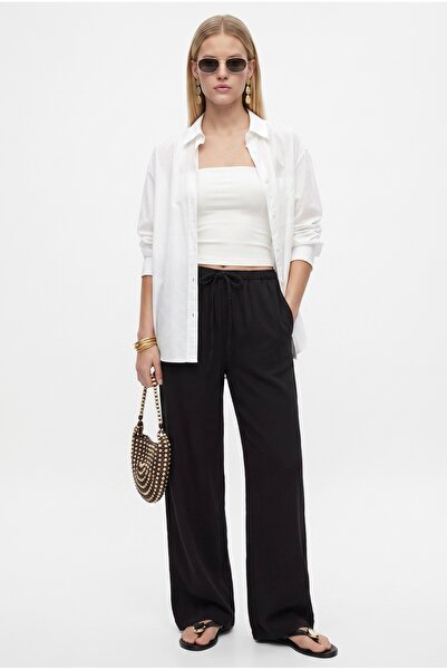 Ritnice Women's Linen Comfynew Soft Black Straight Cut Elastic Waist Pants