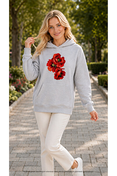 EMMODA Women's Three Red Poppy Printed Hooded Casual Basic Sweatshirt with Ka...