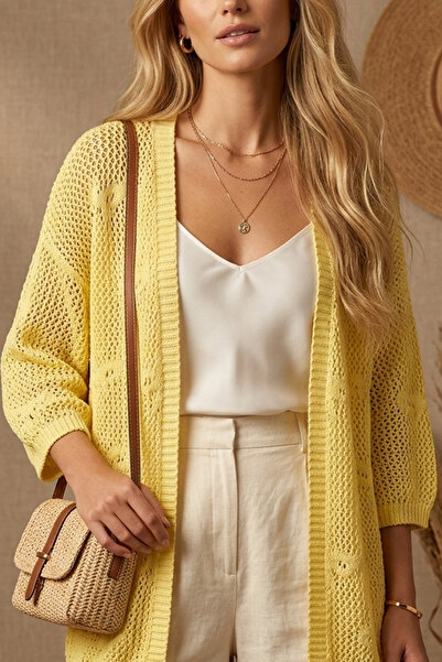 mefru Women's Oversized Bow Detailed Flowy Short Sleeve Openwork Loose Basic Cardigan