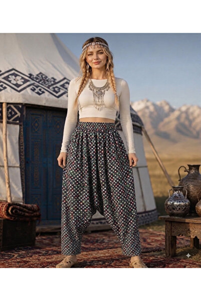 Butik Viskon Kumaş Asimetrik Desenli Şalvar (Köy Bağ Bahçe Şalvarı)