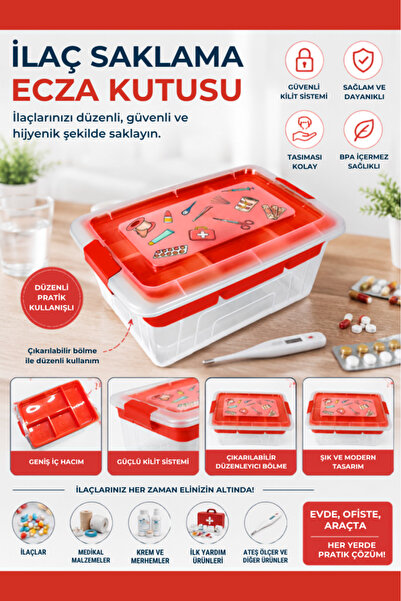 12den Bölmeli Kilit Kapaklı İlaç Kutusu 5,75 Lt, Kulplu Taşınabilir Ev Tipi E...
