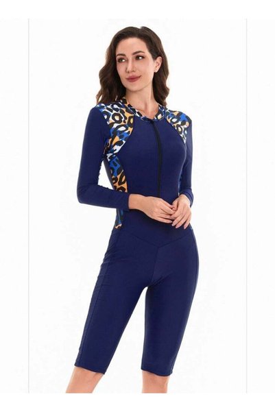 Gigglejoy Women One Piece Swimwear, Blue leopard print Conservative Zipper Cl...