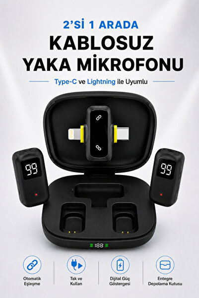 Abbruch 2’si 1 Arada Kablosuz Yaka Mikrofonu Type-C Lightning Uyumlu Çift Mik...