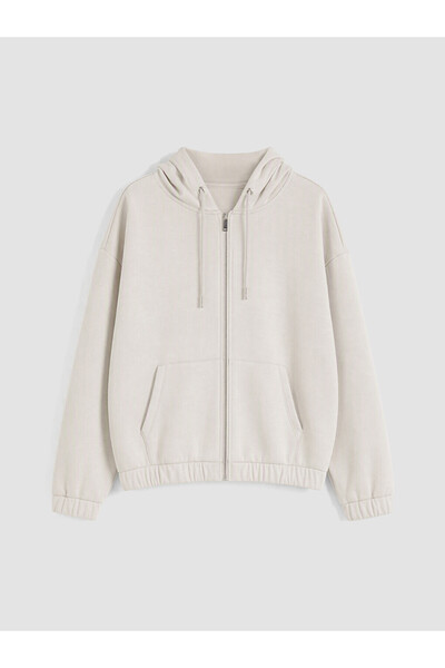 LC Waikiki Bej Kapüşonlu Soft Touch Kadın Fermuarlı Sweatshirt