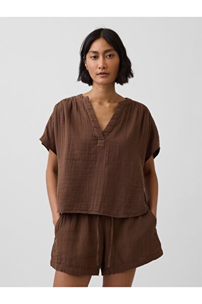 GAP Kadın Kahverengi Pamuk Gauze Oversized Split-Neck Üst