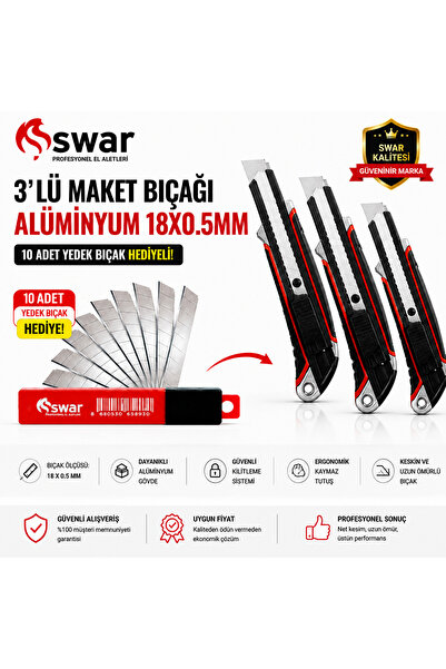 SWAR (3 ADET) Alüminyum Maket Bıçağı 18 x 0.5 mm | 10 Adet Yedek Bıçak Profes...