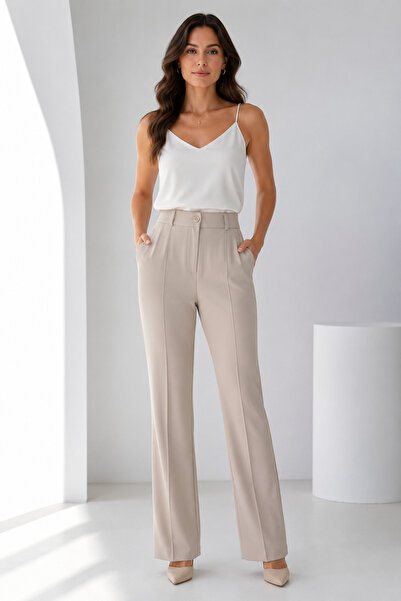 bihan store High Waist Spanish Flare Classic Fabric Trousers Y26-222-Ecru