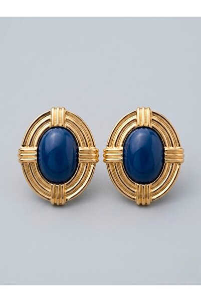 DALİ aksesuar Aster Modeli Vintage Tasarım Lacivert Taşlı Gold Renk Çelik Küpe