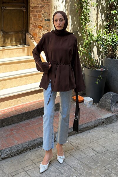 lamelif Back Tie Detailed Tencel Shirt Bitter Brown