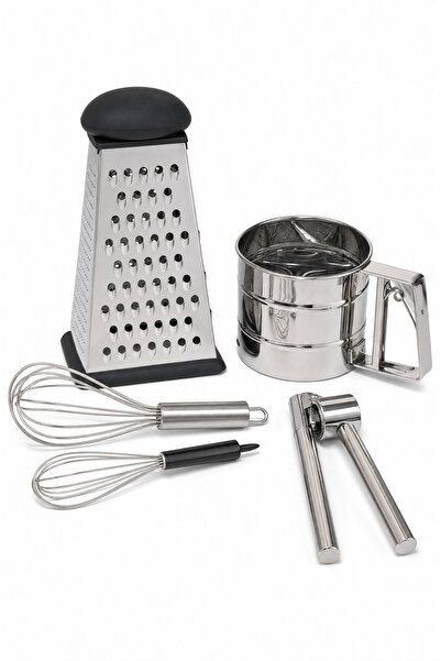 Countra 5-Piece Stainless Steel Kitchen Utensil Set – Grater, Flour Sifter, Garlic Press, and 2-Piece Whisk Set