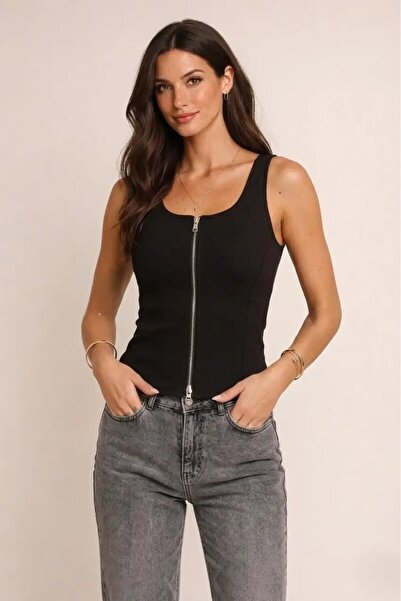 CARLA MARA Zippered Zero Sleeve Blouse Black
